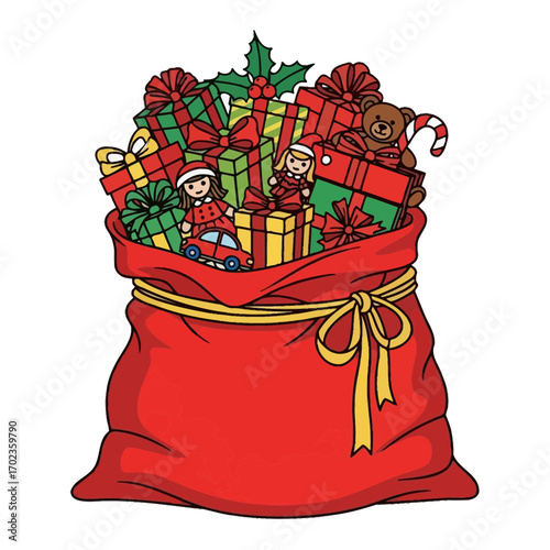 Christmas bag overflowing with presents, toys, and festive holiday cheer to share joy