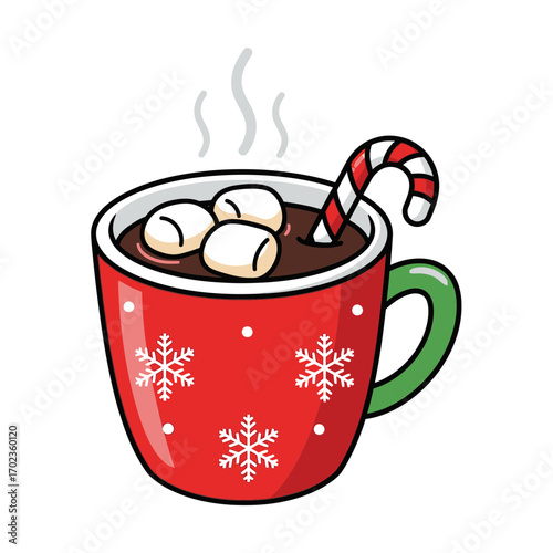 Cozy Christmas cocoa with marshmallows and candy cane, perfect winter comfort