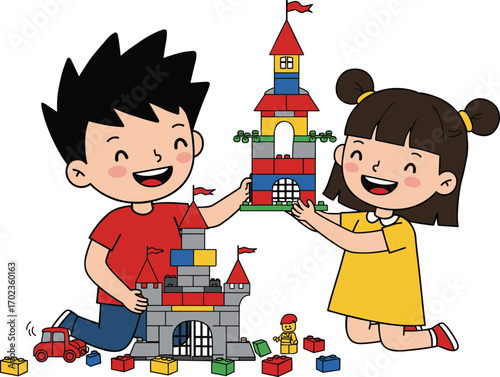 Happy kids playing with building blocks, constructing colorful castle towers, fun learning toy activity for children, indoor creative playtime scene