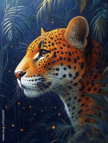 Majestic Leopard Portrait Amidst Lush Jungle Foliage A Captivating Wildlife Art Piece