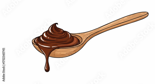 Vector art of a wooden spoon filled with rich, dark chocolate sauce, with a drip falling off the edge