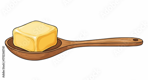 Vector art of a wooden spoon holding a perfect square of golden butter