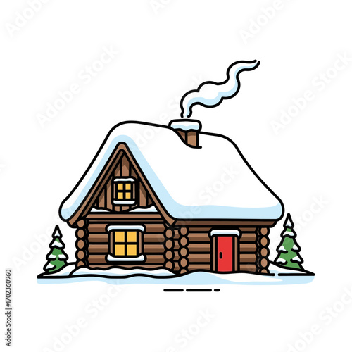 Cozy winter cabin scene with snow-covered roof and warm inviting glow.