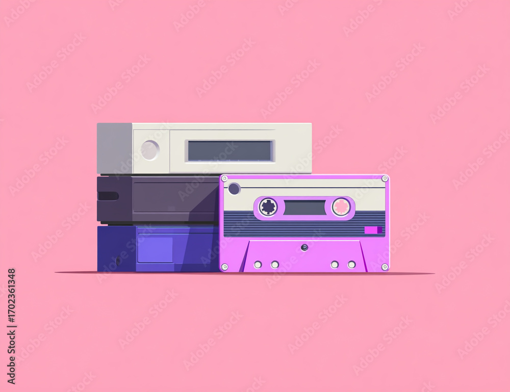 Fototapeta premium Retro cassette tape and player stack on a pink background