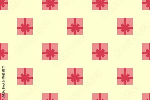 Cozy festive seamless pattern. Christmas, New Year, Happy Birthday. Red box with ribbon on yellow background. Flat design. For wallpaper, textile, packaging, background or website.
