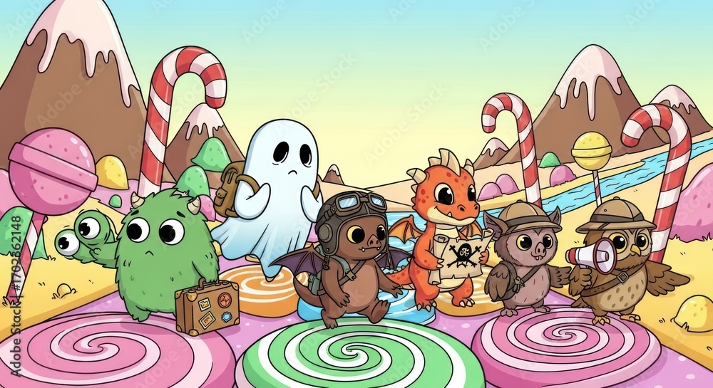 Obraz premium A group of cute cartoon monsters standing on colorful lollipops and candy in a whimsical helowen kuds landscape with sweet treats and snow-capped mountains.