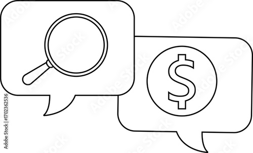 dollar chat icon and magnifying glass icon with white background