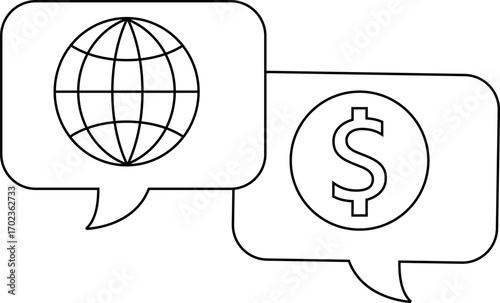 dollar chat icon and network globe icon with white background
