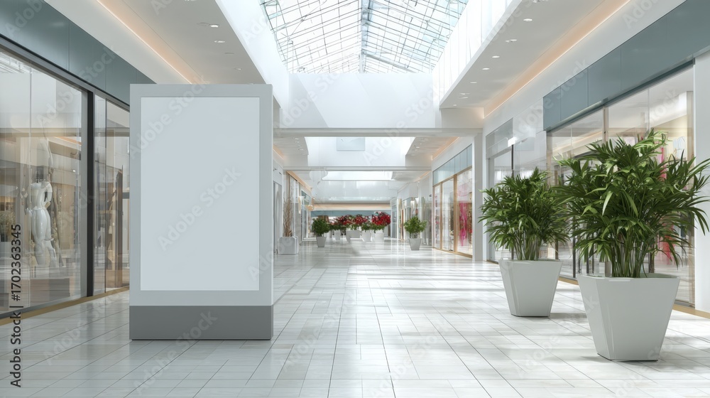 Obraz premium Modern Shopping Mall Interior with Blank Advertising Billboard and Natural Light from Skylight for Marketing
