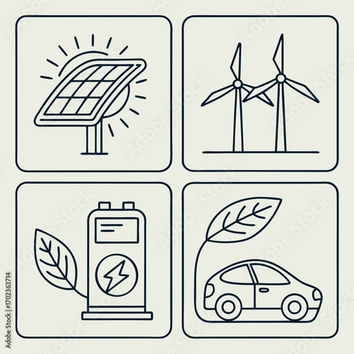 Renewable energy icon set with solar panel and wind turbine symbols. Eco-friendly transport concepts like electric car and charging station outline