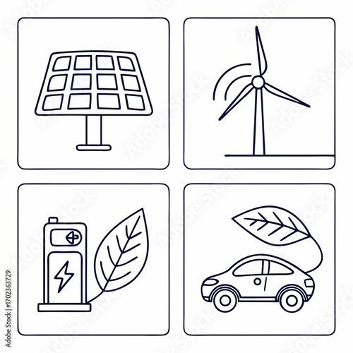 Sustainable Energy Icons Solar, Wind, Electric Vehicles, and Eco-Friendly Power