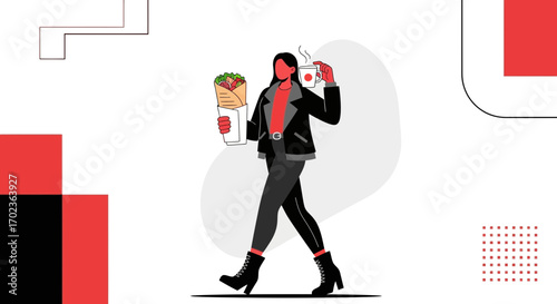 Casual Woman With Food and Coffee, Vector Illustration, Going For Lunch Break