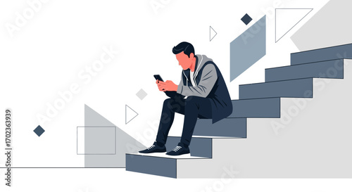 Casual Man Concentrating On Smartphone While Sitting On Modern Stairs With Abstract Details