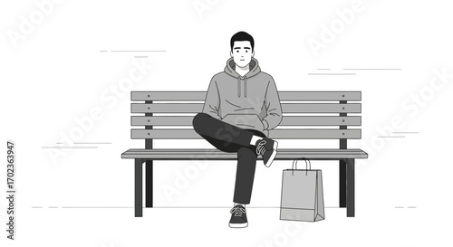 Casual Person Sitting Relaxed on Bench after Shopping in Illustration Style
