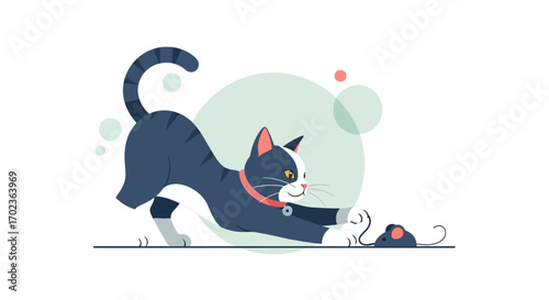 Cat Stretching Towards Mouse in Playful Manner of Vector Illustration Style