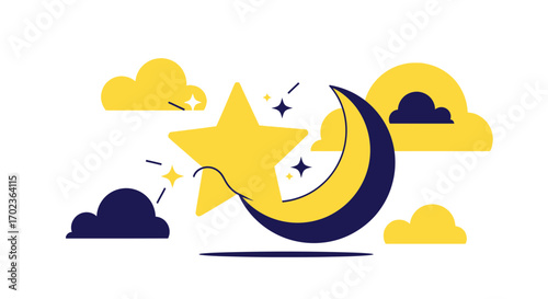 Celestial Harmony: Star, Crescent, and Clouds Creating A Magical Vector Illustration
