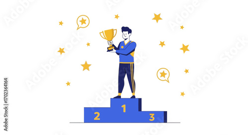 Champion Stands Proudly Holding Trophy on Podium Celebrated by Glowing Stars Visual