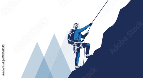 Climber Ascending Mountain Peak Depicting Determination And Courage In Vector Illustration