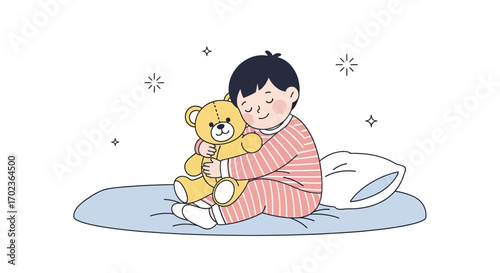Comfortable Child With Teddy Bear On Bed Embracing Tenderly Feeling Blissful Comforting
