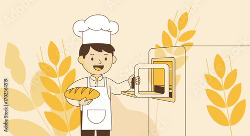 Cheerful Baker Holding Fresh Loaf Near Oven Featuring Wheat And Culinary Profession