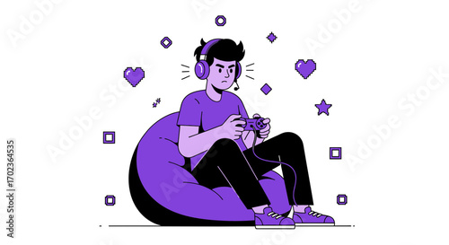 Concentrated Gamer Immersed In Gaming, Focused on Playing Electronic Games, Fully Engaged