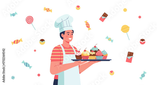 Cheerful Baker Presenting Freshly Baked Cupcakes Surrounded By Sweet Treats Decorations