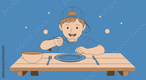 Cheerful Boy Enjoying Meal, At A Dining Table with Plate and Cutlery.
