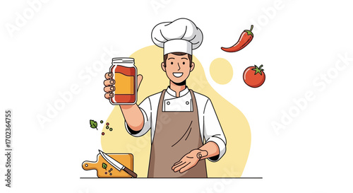 Cheerful Chef Holding Jarring, Fresh Ingredients Ready for Culinary Creations and Cooking