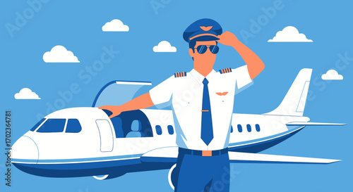 Confident Aviator Standing Beside An Airplane Under A Sky With Fluffy White Clouds
