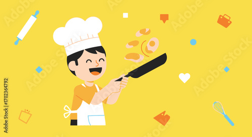 Cheerful Chef Flipping Pancakes in a Kitchen Scene with Delightful Illustration