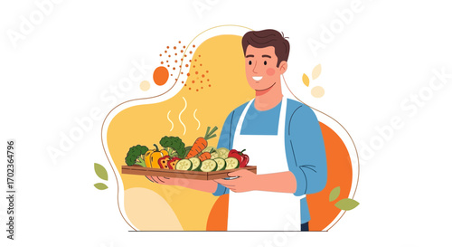 Cheerful Chef Presenting a Tray of Fresh and Steaming Vegetables, Promoting Healthy Eating
