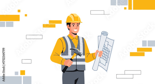 Construction Worker Smiling and Illustrating Architectural Plans for New Buildings