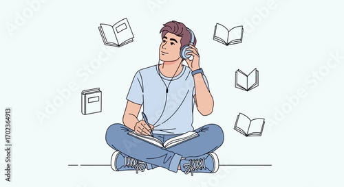 Contemplative Study: Student Combining Music and Note-Taking With Floating Books, Focus, and Thought