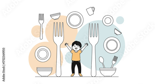 Cheerful Child Amidst Culinary Elements: A Playful Illustration with Cutlery and Dishes