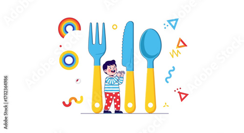 Cheerful Child Celebrates With Utensils Representing A Colorful Feast And Joyful Times