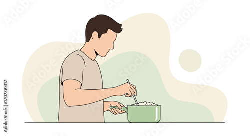 Cooking Person Preparing Food In Kitchen Illustrated Art With Minimalistic Aesthetic