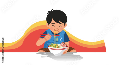 Cheerful Child Enjoying Asian Noodles In Delightful Illustration With Animated Elements