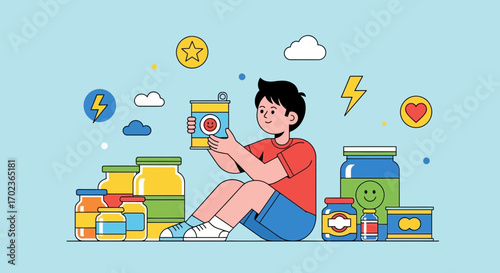 Cheerful Child Holding Food Can Surrounded By Jars, Smiling And Enjoying Healthy Food