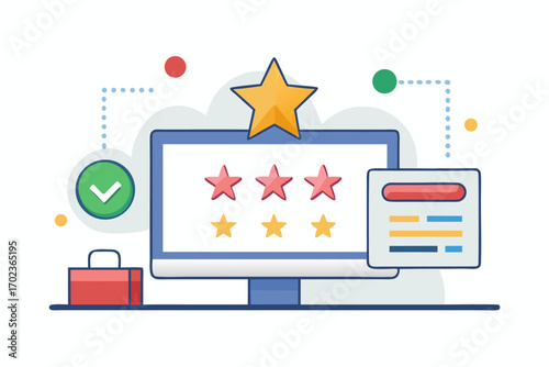 Flat vector illustration of a hand holding a review card with three stars, symbolizing customer feedback, service quality, product rating, client satisfaction, and business credibility. Perfect for we