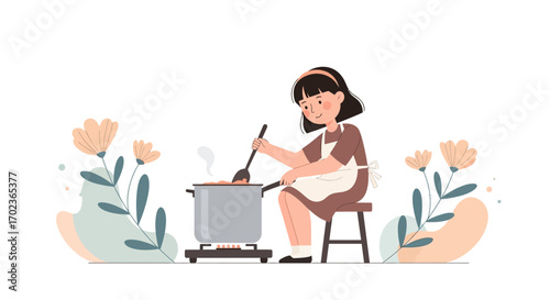 Cheerful Cook Preparing Meal In A Kitchen With Floral Accent For Culinary Delight