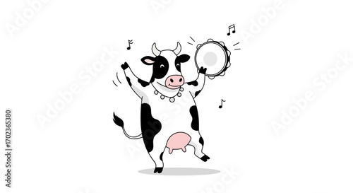 Cheerful Cow Playing Tambourine and Enjoying Festive Music in Whimsical Illustration