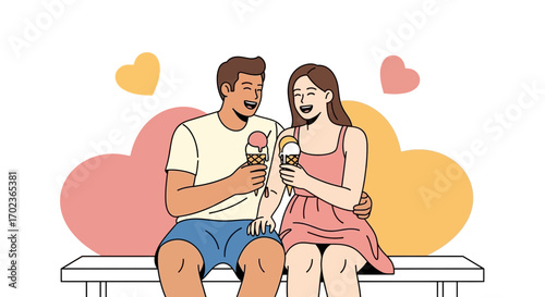 Cheerful Couple Enjoying Tasty Ice Cream Cones While Embracing And Expressing Happiness