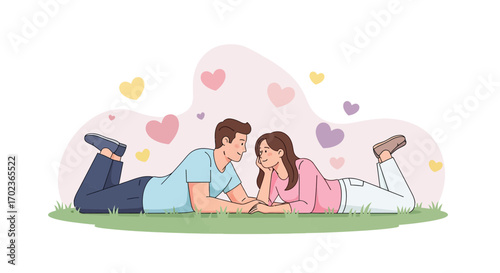 Couple Lying Down on Grass and Admiring Each Other with Love, Romantic Concept Illustration