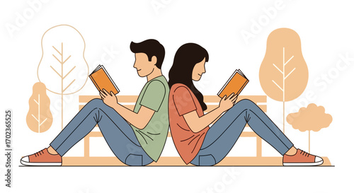 Couple Reading Books Back to Back, Resting on Bench, Isolated on White Background