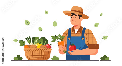 Cheerful Farmer Showcasing Harvested Seasonal Vegetables From a Rich Bountiful Basket