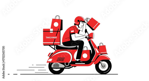 Courier Delivering Orders On Red Motorbike, Food Takeaway Service Vector
