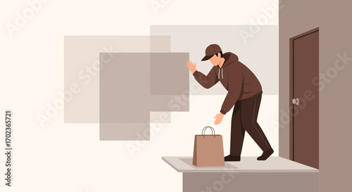 Courier Delivering Package Outside Door, Illustration of a Contactless Delivery Service