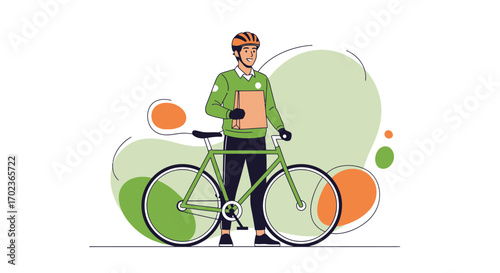 Courier Delivering Package on Bicycle in Modern Vector Illustration Style