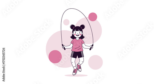 Cheerful Girl Enjoying Jump Rope Exercise With Pink Circular Decorations