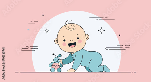 Cheerful Infant Delight Crawling With Playful Toy Against Pastel Pink Background